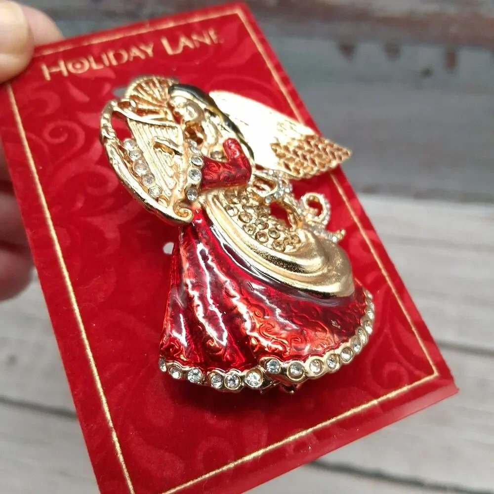 Holiday Lane Christmas Angel brooch Red Enamel Gold-Tone Lapel Pin